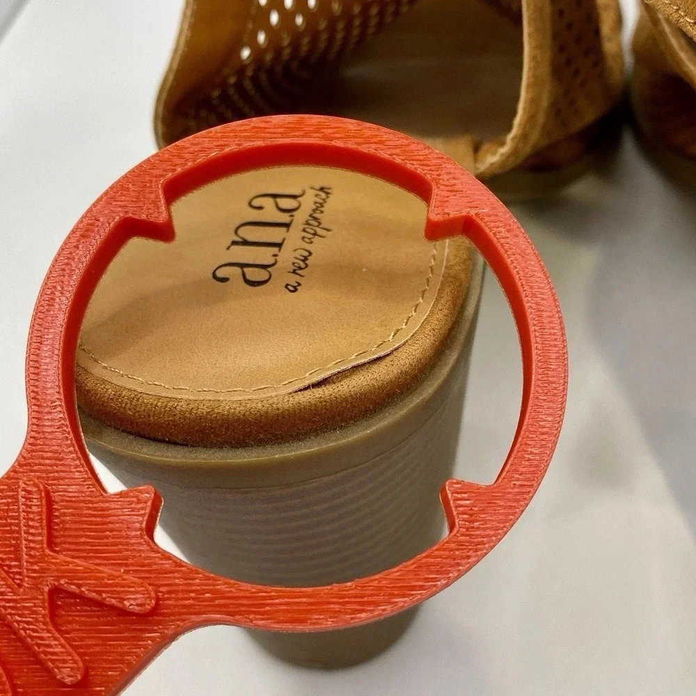 ANA Madelyn Wide Block Heel Sandals Cognac Vegan‎ Suede Womans 9.5 Peep Toe